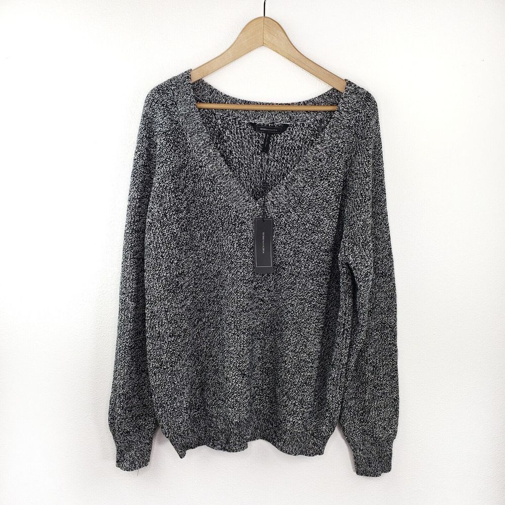 BCBGMaxAzria Sweater Woman Size L Black Combo Long Sleeve V Neck Pulover - Picture 3 of 11